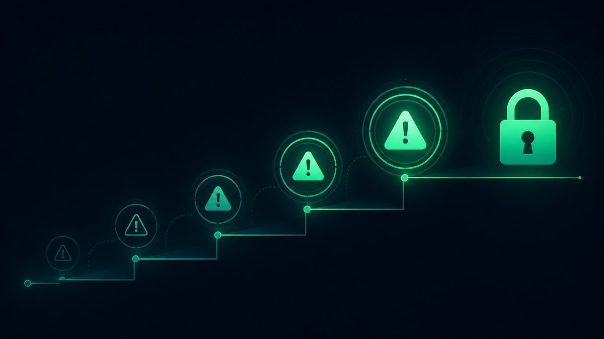 Five escalating warning indicators rising like a staircase, ending at a closed padlock