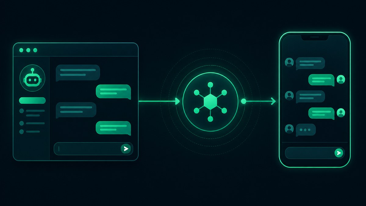 An assistant window connected through a central protocol hub to a phone showing a WhatsApp thread