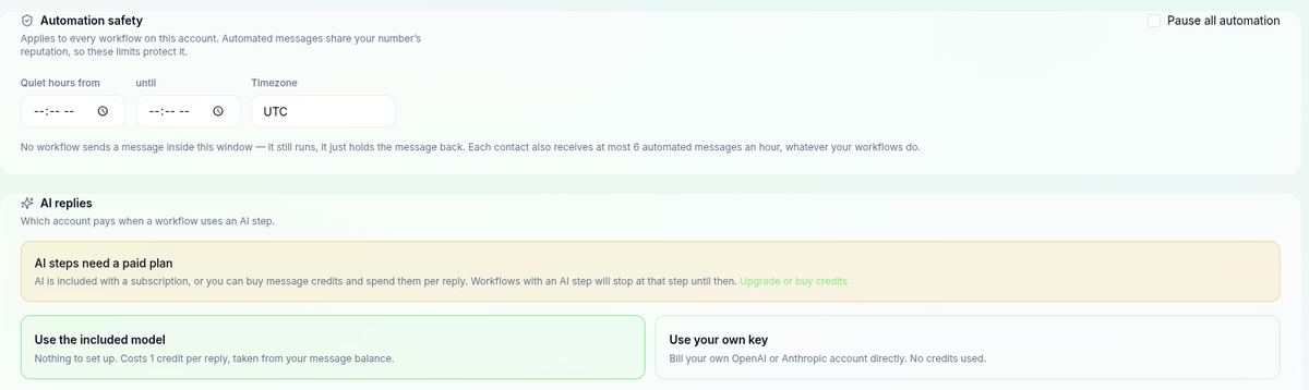 The automation safety panel: quiet hours with a timezone, a note that no workflow sends inside that window, and a cap of six automated messages per contact per hour.