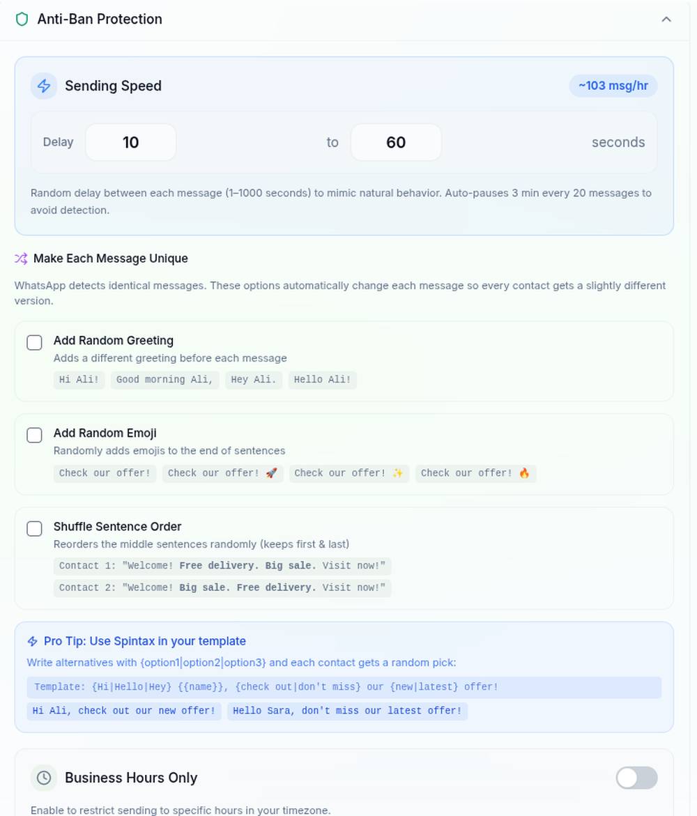 The Anti-Ban Protection panel: a 10 to 60 second random delay showing about 103 messages an hour, a three minute pause every 20 messages, and options that vary the greeting, emoji and sentence order so no two messages are identical.