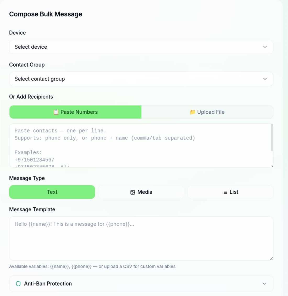 The bulk composer: pick a device and contact group, paste numbers or upload a CSV or Excel file, then write one message template using the name and phone variables.